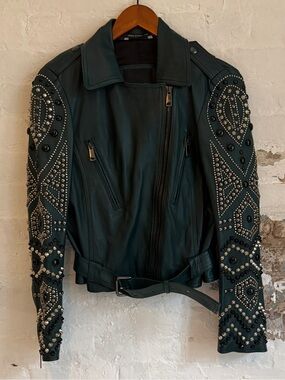 Nour Hammour Embellished Dark Green Leather Moto Jacket with Studded Sleeves